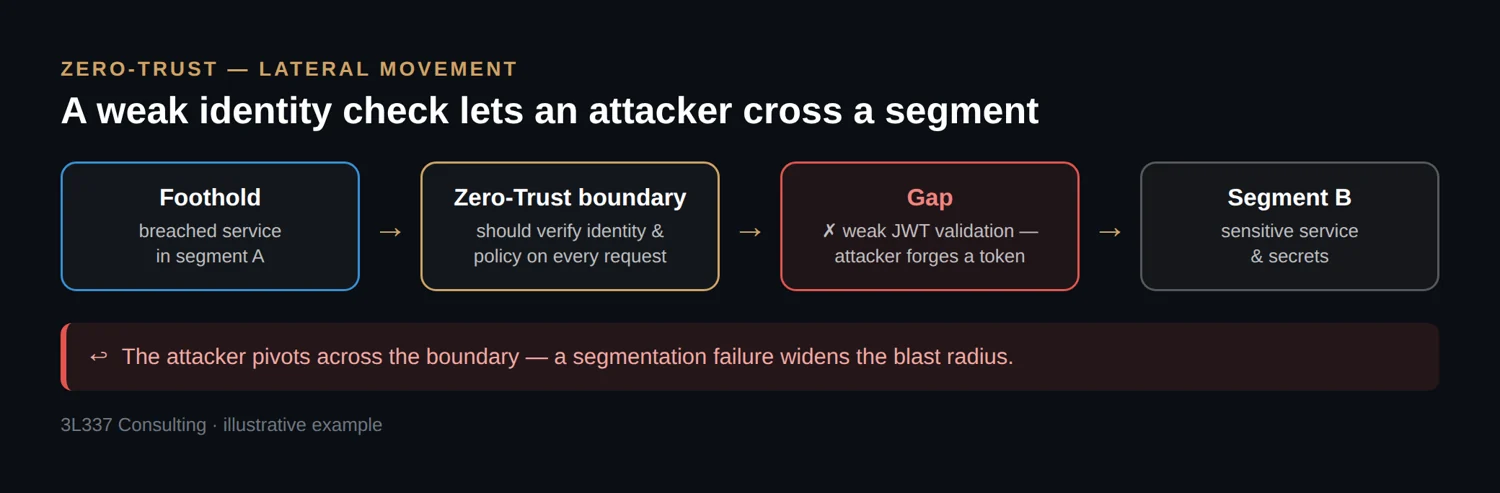 Diagram of lateral movement in a zero-trust network: an attacker in a breached service forges a weak JWT to cross the segment boundary into a sensitive segment