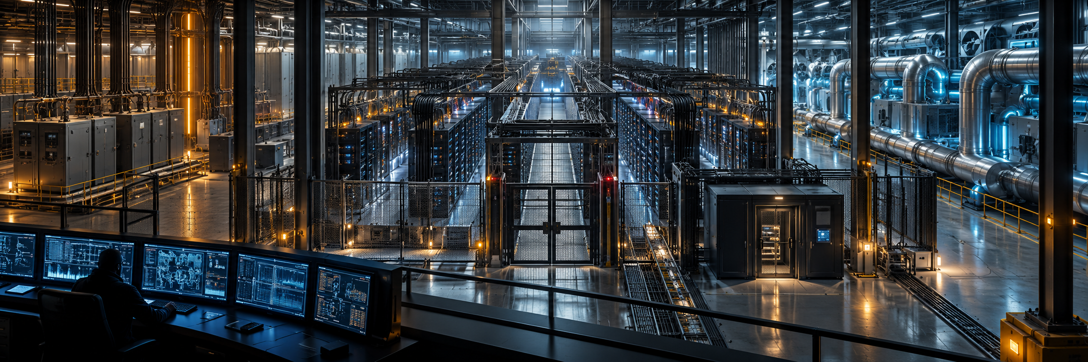 Futuristic AI data center showing power, cooling, and operator control points for controlling superhuman AI.