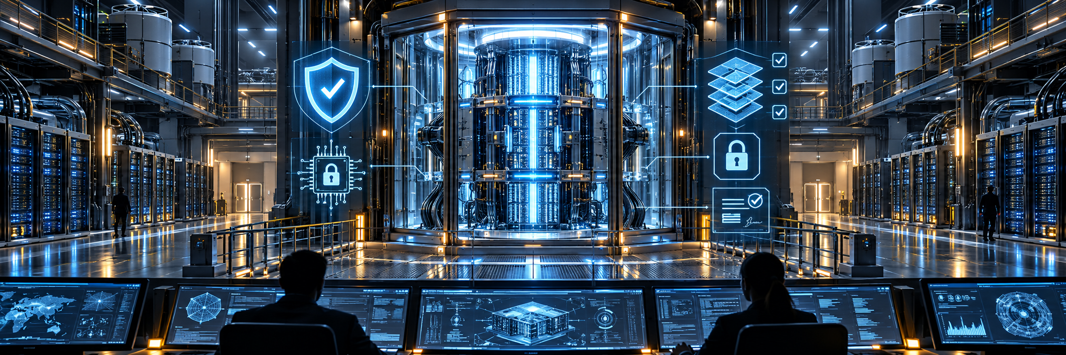 Futuristic secure AI containment system showing verified software, hardware roots of trust, and isolated computing infrastructure.